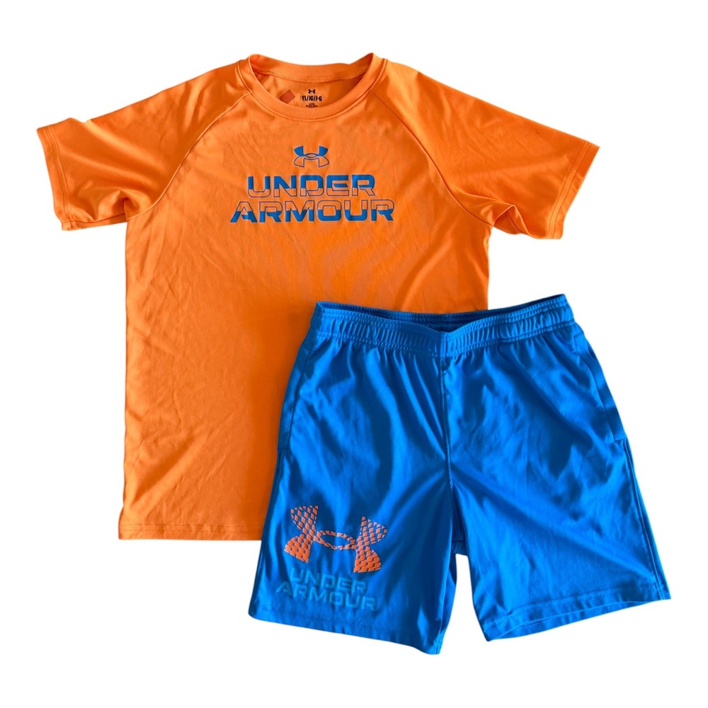 Under Armour Boys Orange Blue Athletic Shirt Shorts Set - Youth Large